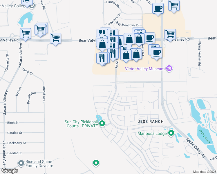 map of restaurants, bars, coffee shops, grocery stores, and more near 18935 Lariat Street in Apple Valley