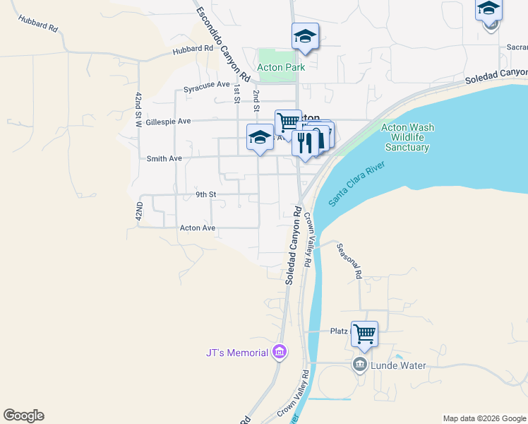 map of restaurants, bars, coffee shops, grocery stores, and more near 17236 2nd Street in Acton