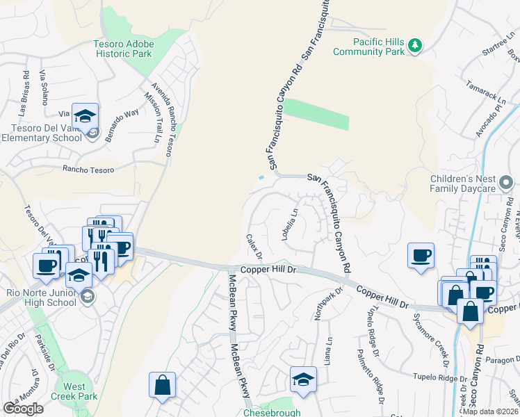 map of restaurants, bars, coffee shops, grocery stores, and more near 28436 Calex Drive in Santa Clarita