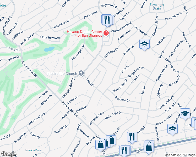 map of restaurants, bars, coffee shops, grocery stores, and more near 2750 Jericho Drive in Lake Havasu City