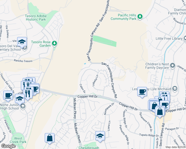 map of restaurants, bars, coffee shops, grocery stores, and more near 23503 Windrose Place in Santa Clarita