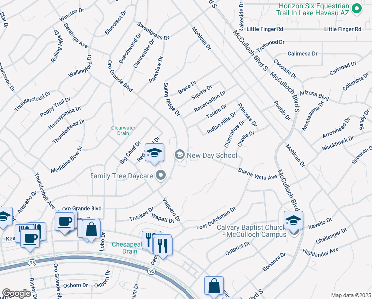 map of restaurants, bars, coffee shops, grocery stores, and more near 1231 Sunny Ridge Drive in Lake Havasu City