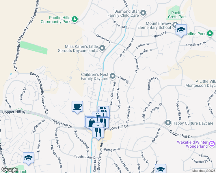 map of restaurants, bars, coffee shops, grocery stores, and more near 28415 Seco Canyon Road in Santa Clarita