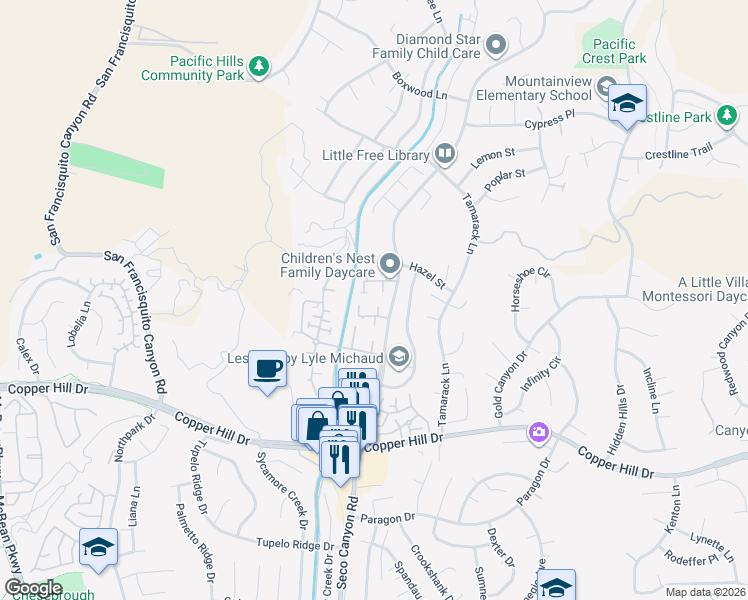 map of restaurants, bars, coffee shops, grocery stores, and more near 28341 Seco Canyon Road in Santa Clarita
