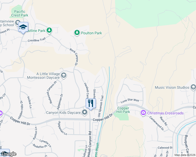 map of restaurants, bars, coffee shops, grocery stores, and more near 28662 Silverking Trail in Santa Clarita