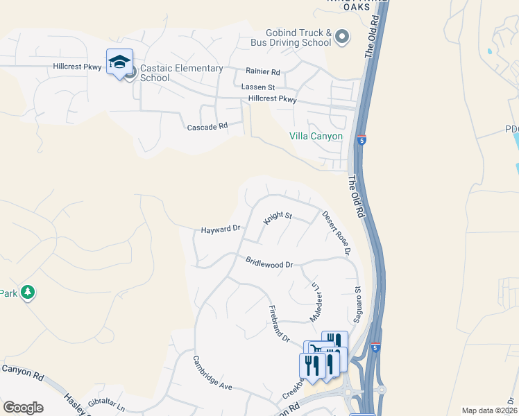 map of restaurants, bars, coffee shops, grocery stores, and more near 30102 Cambridge Avenue in Castaic