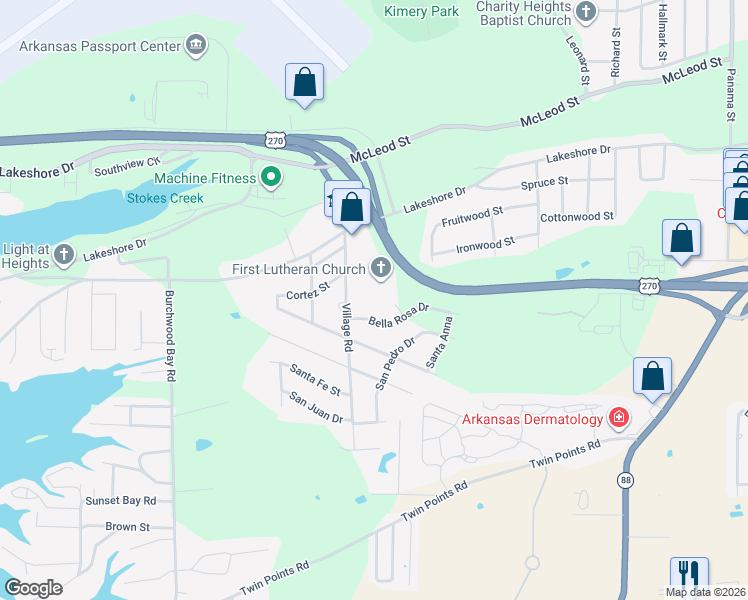 map of restaurants, bars, coffee shops, grocery stores, and more near 101 Bella Rosa Drive in Hot Springs