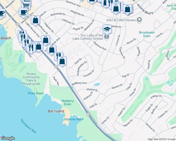 map of restaurants, bars, coffee shops, grocery stores, and more near 1816 Ambas Drive in Lake Havasu City