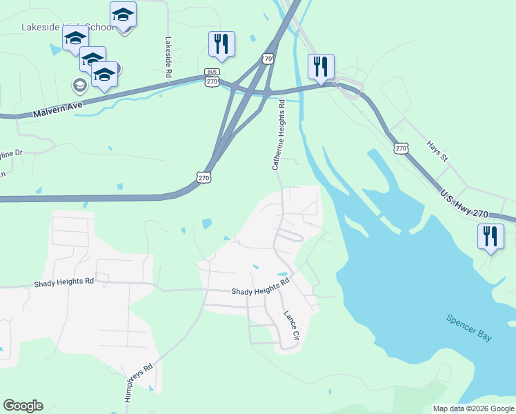 map of restaurants, bars, coffee shops, grocery stores, and more near 138 Catherine Heights Road in Hot Springs