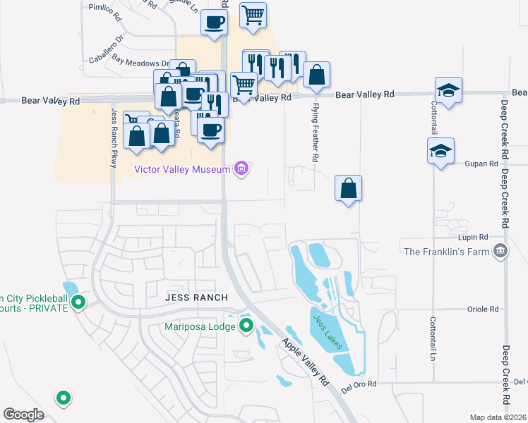 map of restaurants, bars, coffee shops, grocery stores, and more near Town Center Drive in Apple Valley