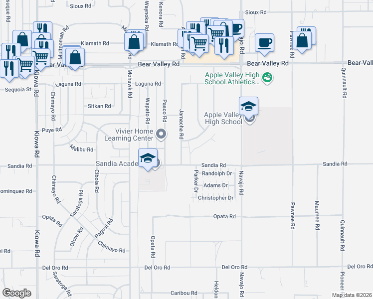 map of restaurants, bars, coffee shops, grocery stores, and more near 11761 Jamacha Road in Apple Valley