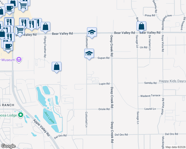 map of restaurants, bars, coffee shops, grocery stores, and more near 11765 Cottontail Lane in Apple Valley