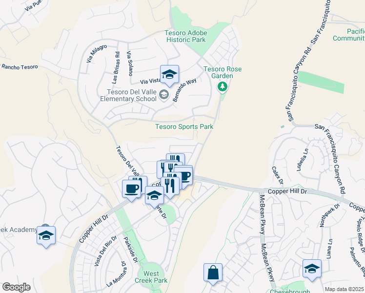 map of restaurants, bars, coffee shops, grocery stores, and more near 29016 Mirada Circulo in Santa Clarita
