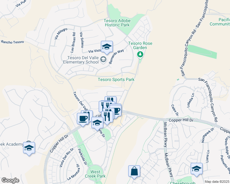 map of restaurants, bars, coffee shops, grocery stores, and more near 29011 Mirada Circulo in Santa Clarita