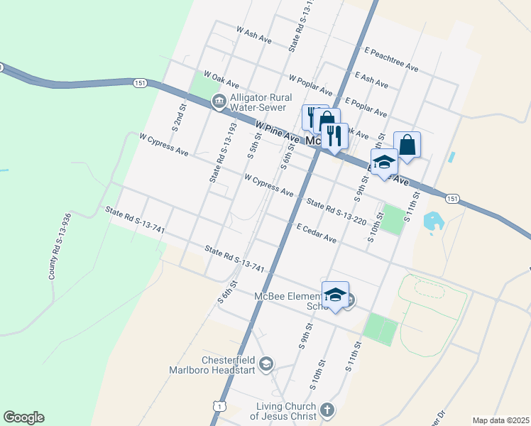map of restaurants, bars, coffee shops, grocery stores, and more near West Cedar Avenue in McBee