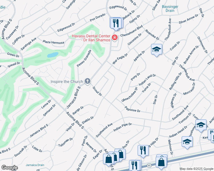 map of restaurants, bars, coffee shops, grocery stores, and more near 2750 Jericho Drive in Lake Havasu City