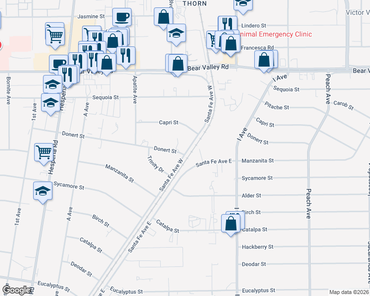 map of restaurants, bars, coffee shops, grocery stores, and more near 17460 Donert Street in Hesperia