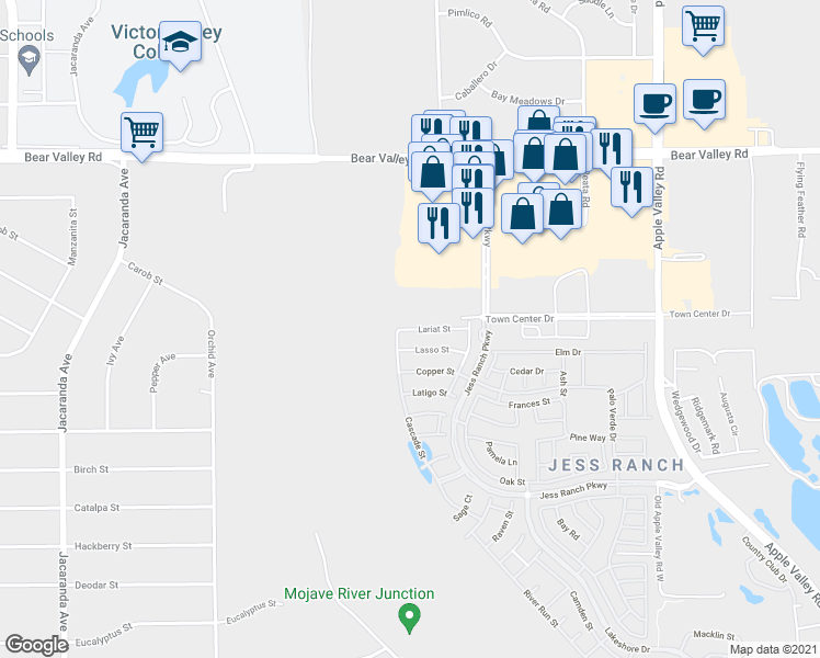 map of restaurants, bars, coffee shops, grocery stores, and more near 18894 Lariat Street in Apple Valley