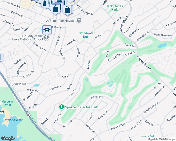 map of restaurants, bars, coffee shops, grocery stores, and more near 2175 Snead Drive in Lake Havasu City