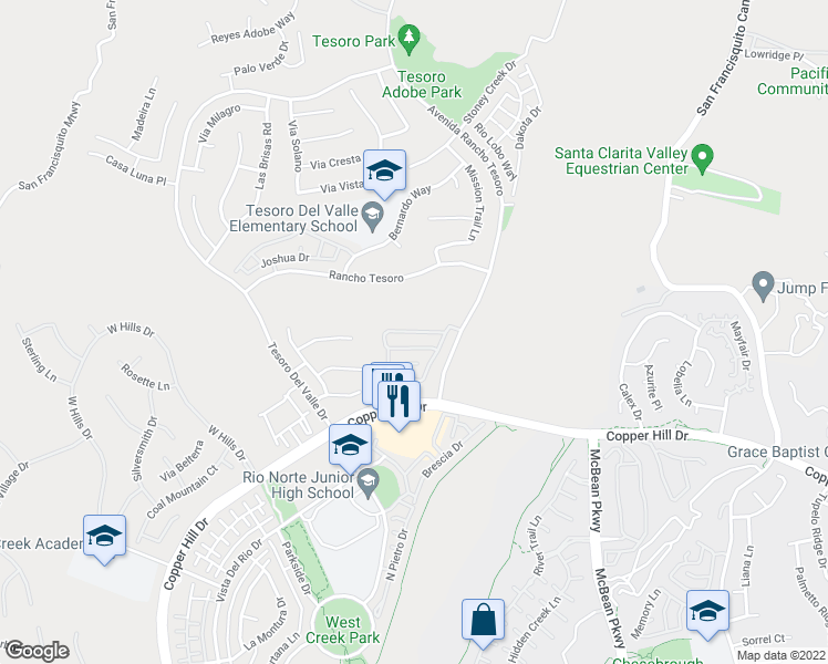 map of restaurants, bars, coffee shops, grocery stores, and more near 29013 Mirada Circulo in Santa Clarita