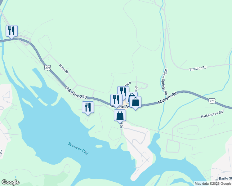 map of restaurants, bars, coffee shops, grocery stores, and more near 139 Stanage Terrace in Hot Springs