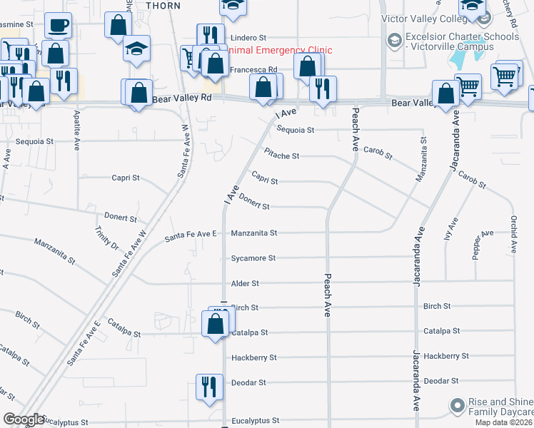 map of restaurants, bars, coffee shops, grocery stores, and more near 17819 Donert Street in Hesperia