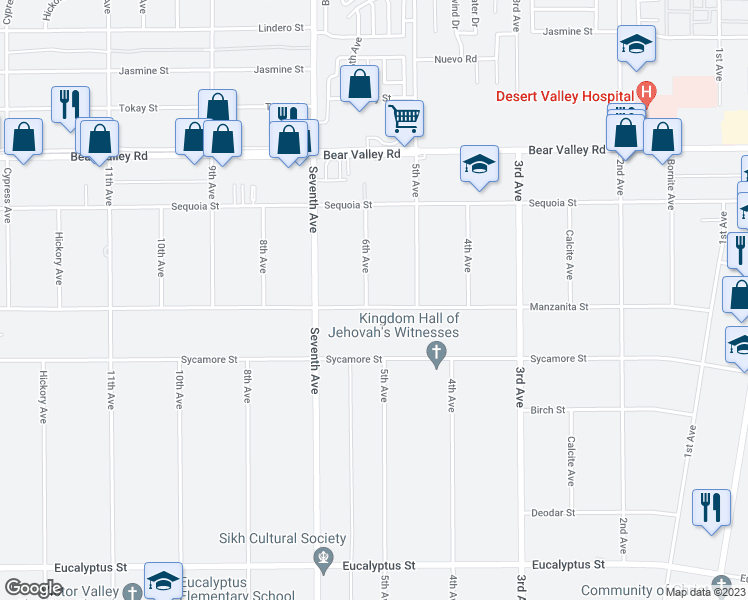 map of restaurants, bars, coffee shops, grocery stores, and more near 11819 6th Avenue in Hesperia