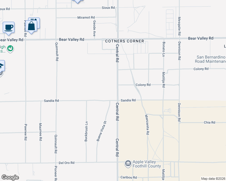 map of restaurants, bars, coffee shops, grocery stores, and more near 22427 Sandia Road in Apple Valley