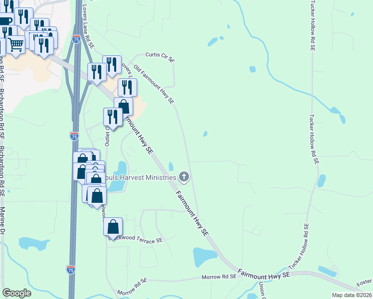 map of restaurants, bars, coffee shops, grocery stores, and more near 514 Old Fairmount Highway Southeast in Calhoun
