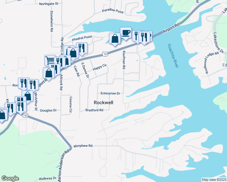 map of restaurants, bars, coffee shops, grocery stores, and more near 144 Enterprise Drive in Hot Springs