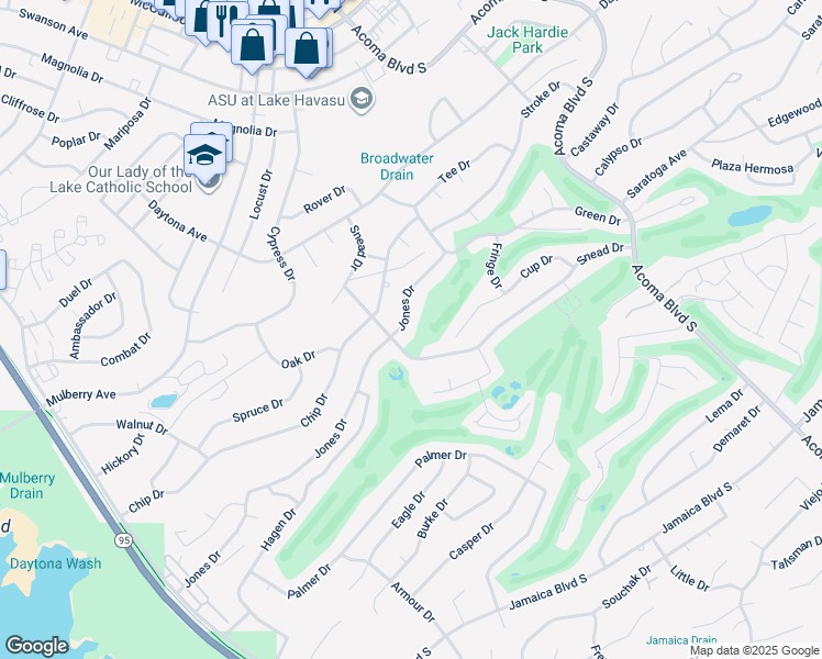 map of restaurants, bars, coffee shops, grocery stores, and more near 330 Jones Drive in Lake Havasu City