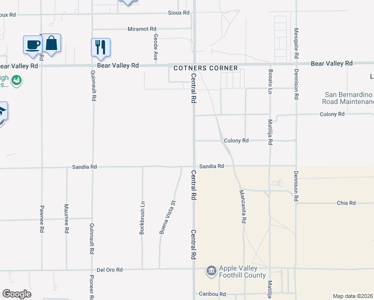 map of restaurants, bars, coffee shops, grocery stores, and more near 22427 Sandia Road in Apple Valley