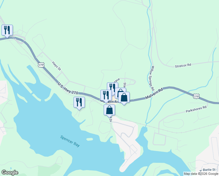 map of restaurants, bars, coffee shops, grocery stores, and more near 139 Stanage Terrace in Hot Springs