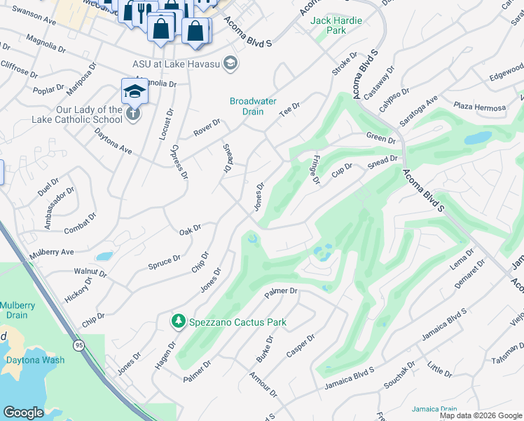 map of restaurants, bars, coffee shops, grocery stores, and more near 330 Jones Drive in Lake Havasu City
