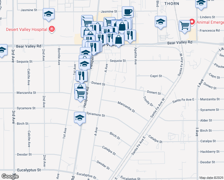map of restaurants, bars, coffee shops, grocery stores, and more near 17143 Donert Street in Hesperia