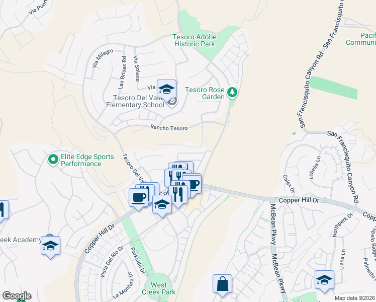 map of restaurants, bars, coffee shops, grocery stores, and more near 29013 Mirada Circulo in Santa Clarita