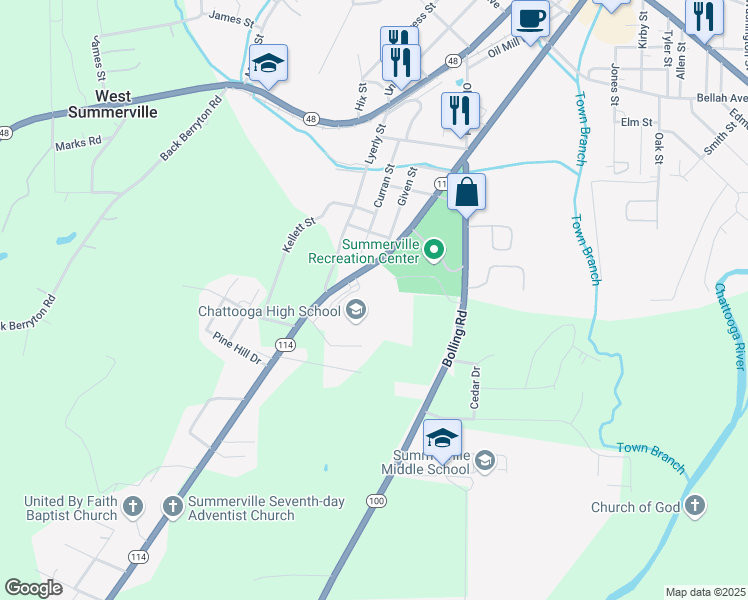 map of restaurants, bars, coffee shops, grocery stores, and more near 989 Georgia 114 in Summerville
