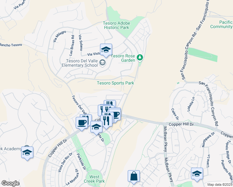 map of restaurants, bars, coffee shops, grocery stores, and more near 29021 Mirada Circulo in Santa Clarita