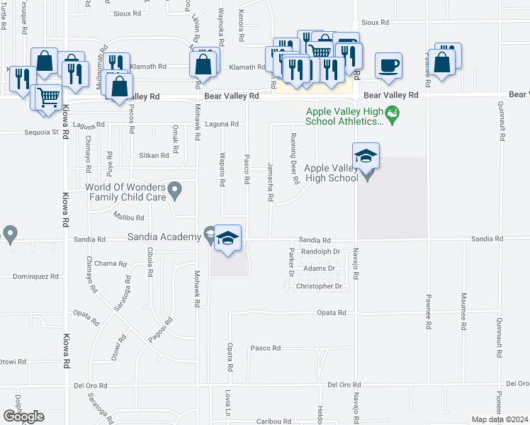map of restaurants, bars, coffee shops, grocery stores, and more near 11770 Jamacha Road in Apple Valley