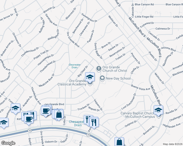map of restaurants, bars, coffee shops, grocery stores, and more near 3550 Red Cloud Drive in Lake Havasu City