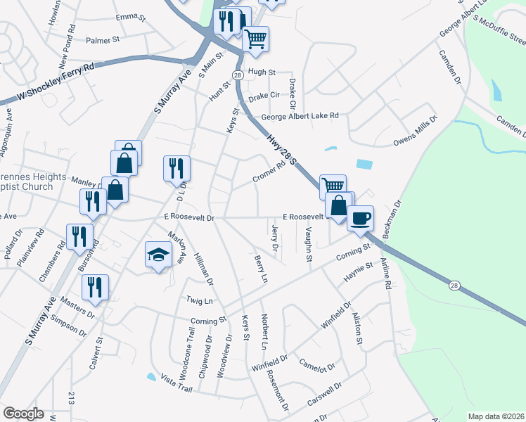 map of restaurants, bars, coffee shops, grocery stores, and more near 3215 Allen Avenue in Anderson