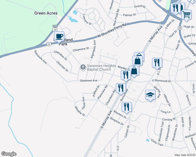 map of restaurants, bars, coffee shops, grocery stores, and more near 3508 Shawnee Avenue in Anderson