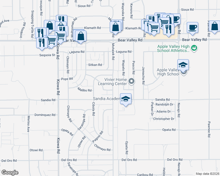 map of restaurants, bars, coffee shops, grocery stores, and more near 11759 Mohawk Road in Apple Valley