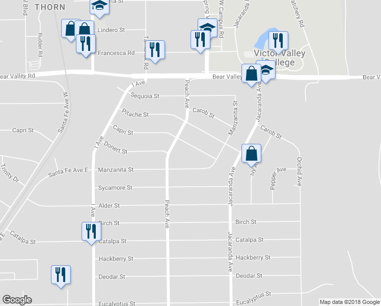 map of restaurants, bars, coffee shops, grocery stores, and more near 18089 Capri Street in Hesperia
