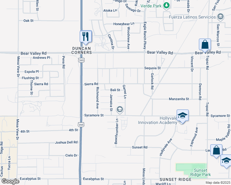 map of restaurants, bars, coffee shops, grocery stores, and more near 12321 Bali Street in Victorville
