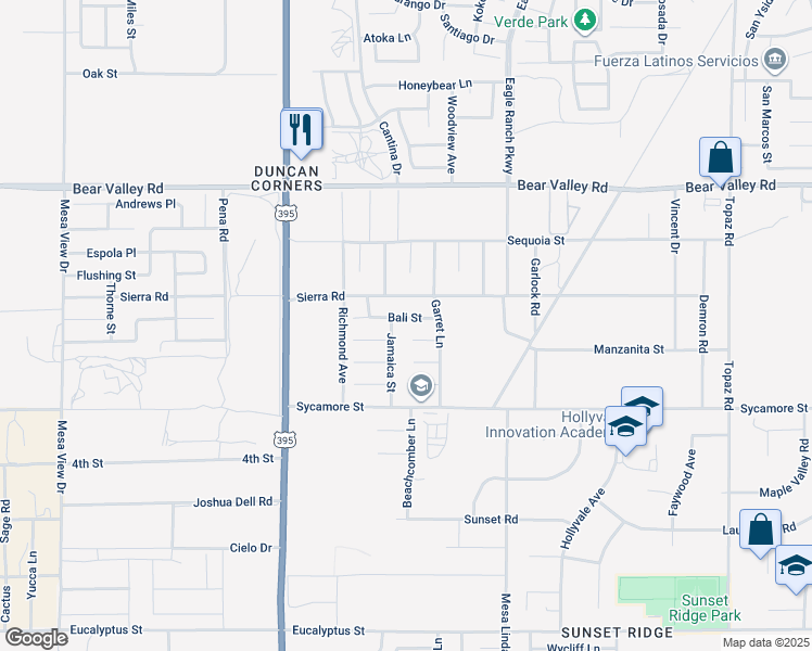 map of restaurants, bars, coffee shops, grocery stores, and more near 12321 Bali Street in Victorville