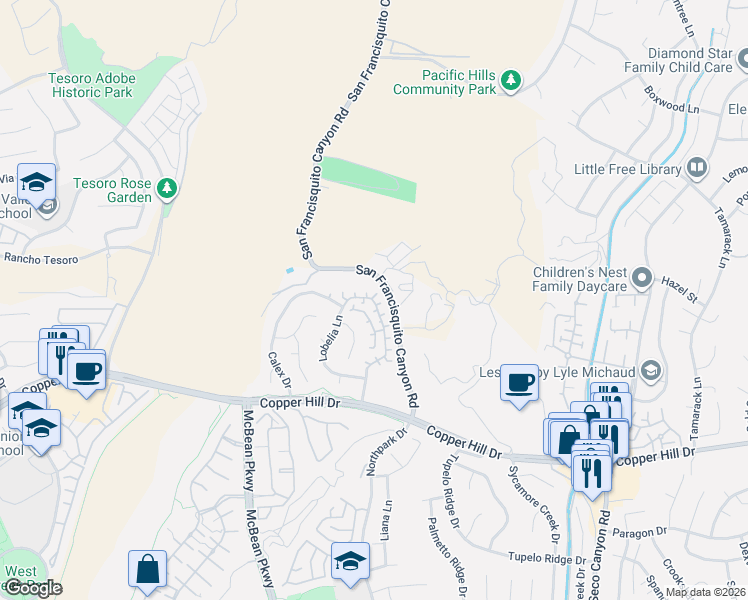 map of restaurants, bars, coffee shops, grocery stores, and more near 28349 Mayfair Drive in Santa Clarita