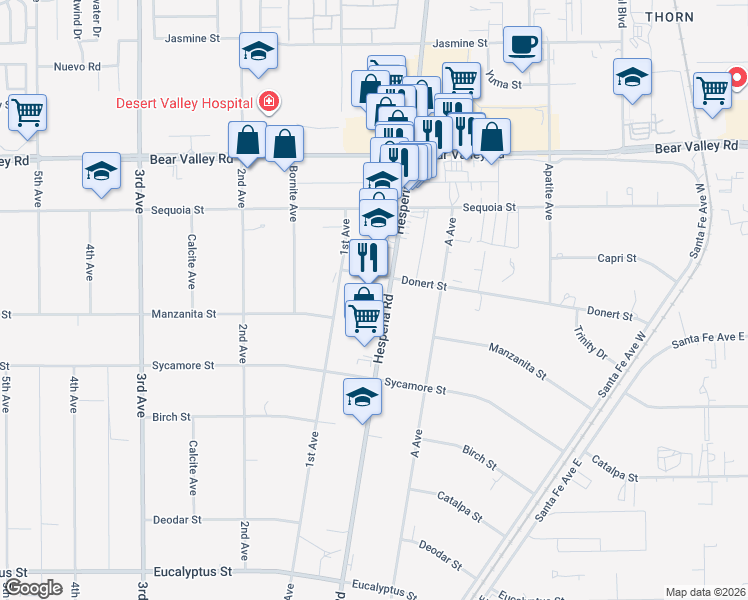 map of restaurants, bars, coffee shops, grocery stores, and more near 17043 Main Street in Hesperia