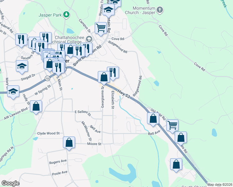 map of restaurants, bars, coffee shops, grocery stores, and more near 540 East Church Street in Jasper