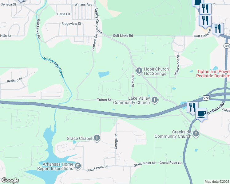 map of restaurants, bars, coffee shops, grocery stores, and more near 446 Lotus Loop in Hot Springs
